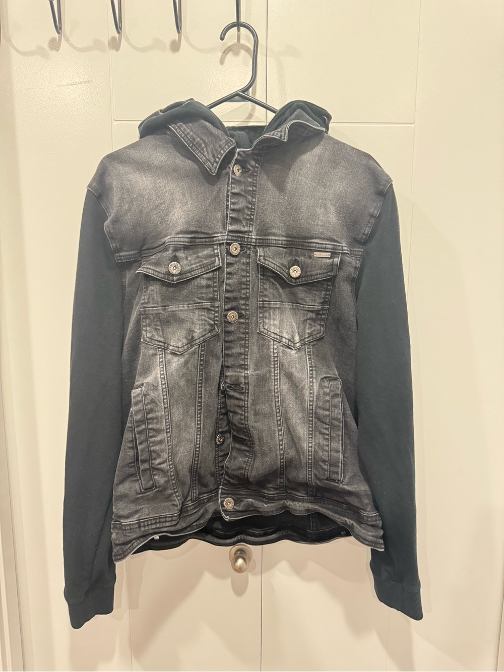 Jeaniologie XXL Black Denim Hoodie Jacket Fleece Sleeve Oversized